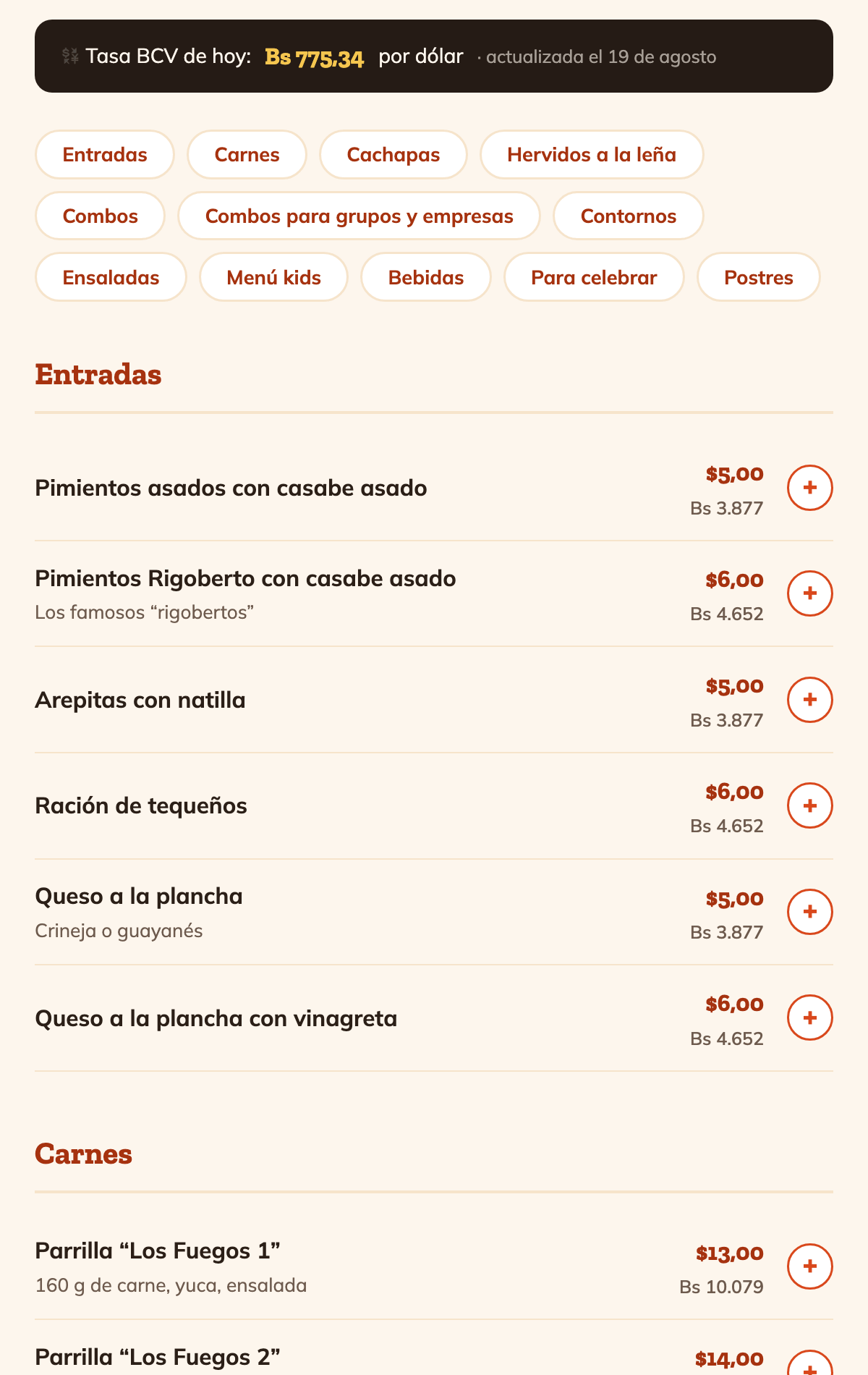 Pantalla de la carta de Los Fuegos: la tasa del BCV del día, las categorías de la carta y los platos con precio en dólares y en bolívares.