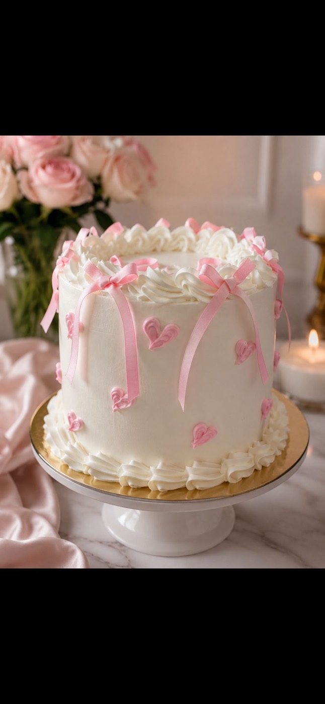 Torta elegante blanca con lazos y corazones rosados